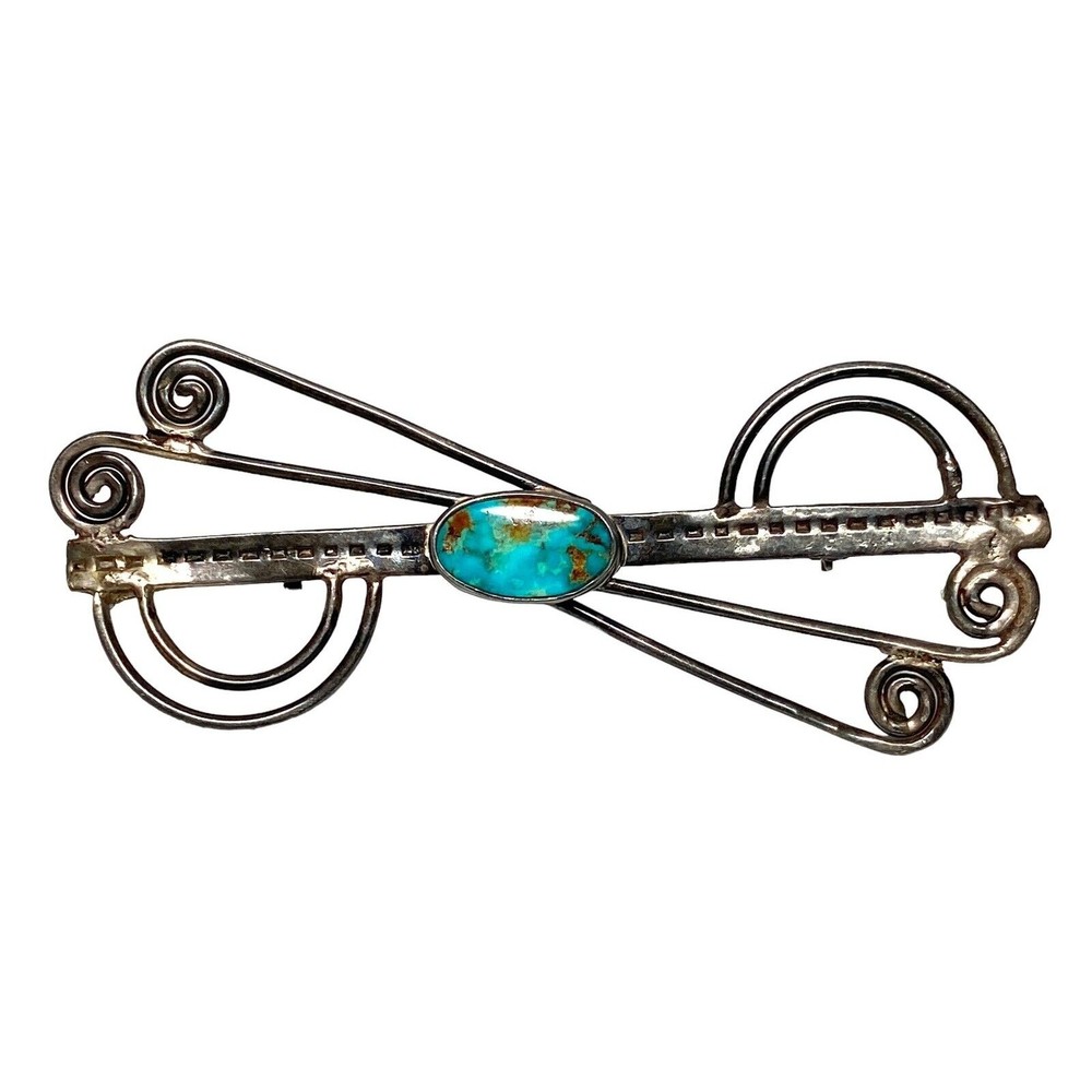 Vintage Handmade Native American Geometric Scroll Spiral Turquoise Brooch Pin